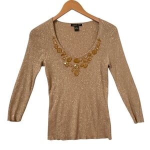 August Silk Sweater Size Med Bejeweled Neck Metallic Ribbed Shimmer Glam Sparkle